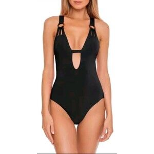 Becca by Rebecca Virtue Sz L Skylar Plunge One-Piece Swimsuit Black Padded